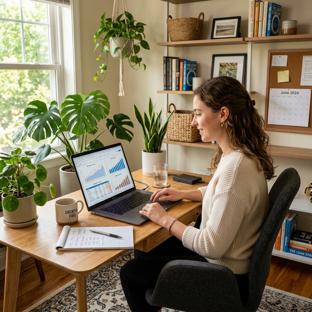 Profissional autônomo trabalhando em home office moderno com laptop e documentos financeiros
