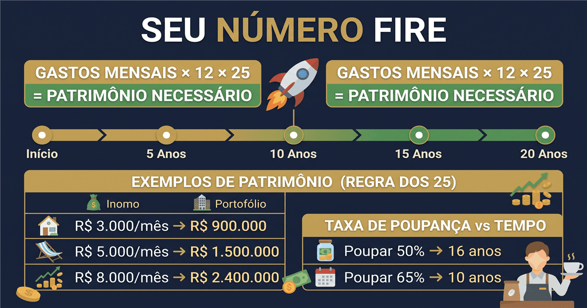 Infográfico: tipos de FIRE, regra dos 4% e cálculos de independência financeira para brasileiros em 2026