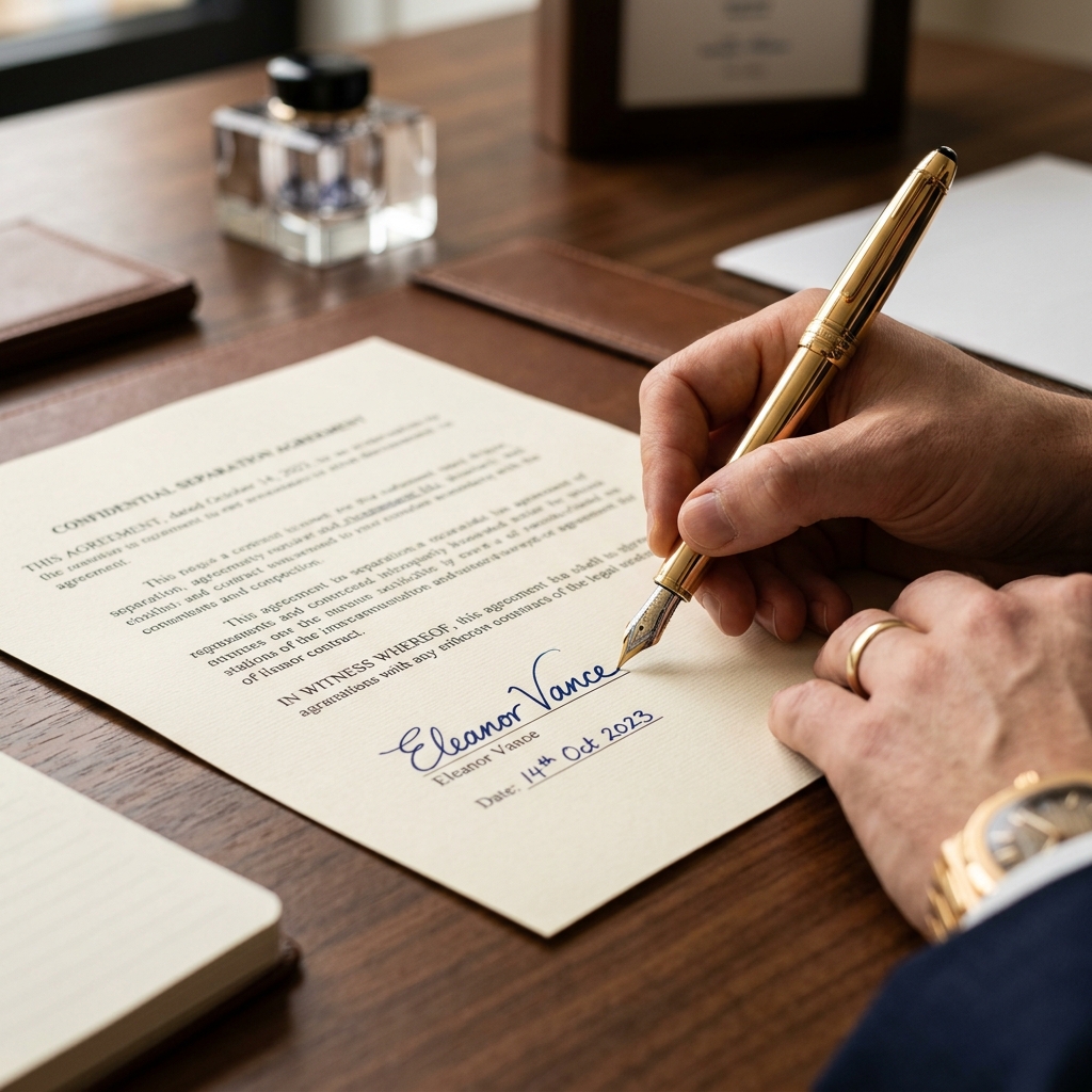 Documento oficial sendo assinado com caneta dourada em mesa de escritório profissional