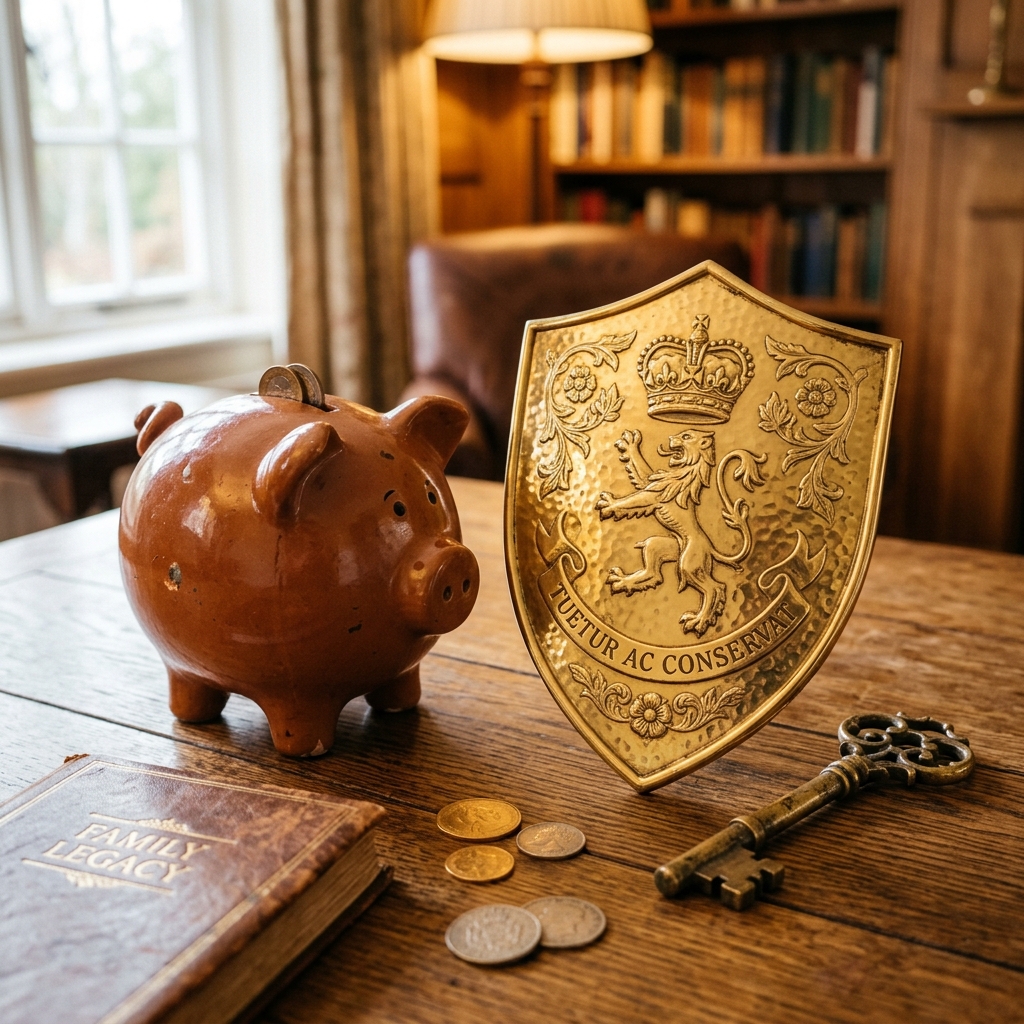 Escudo dourado e chave ao lado de cofre, simbolizando proteção financeira e herança